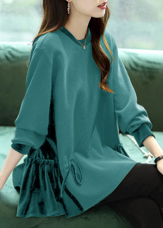 Loose Green O-neck Patchwork Drawstring Sweatshirts Top Long Sleeve