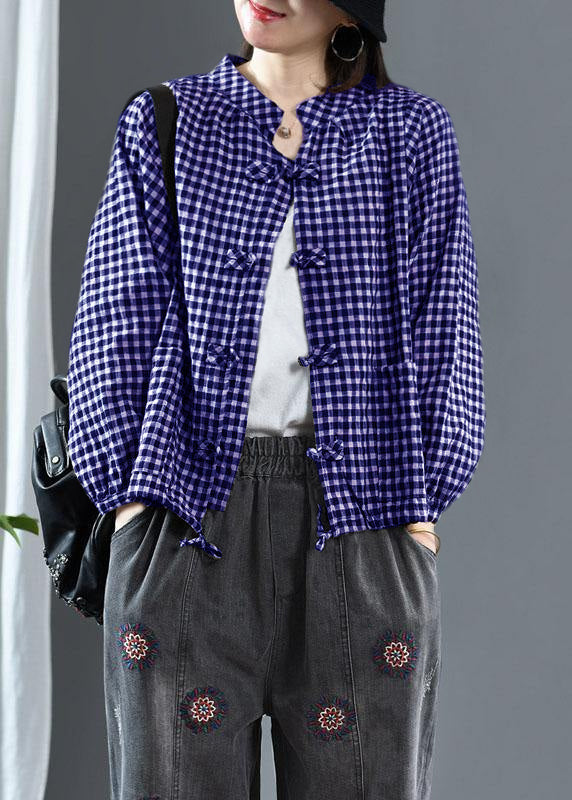 Purple O-neck Plaid Fall Long Sleeve Trench