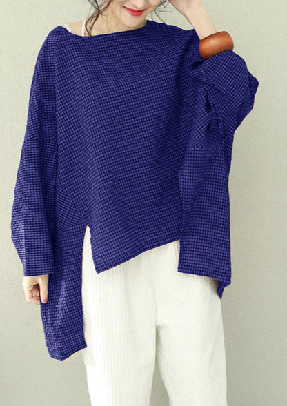 Bohemian asymmetric cotton women Fine Work green Plaid oversized tops