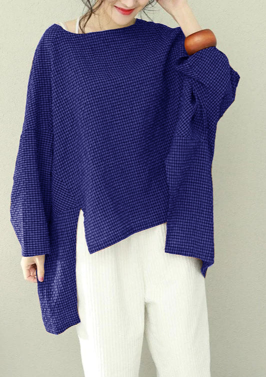 Asymmetric Cotton Fine Work Purple Plaid Oversized Tops