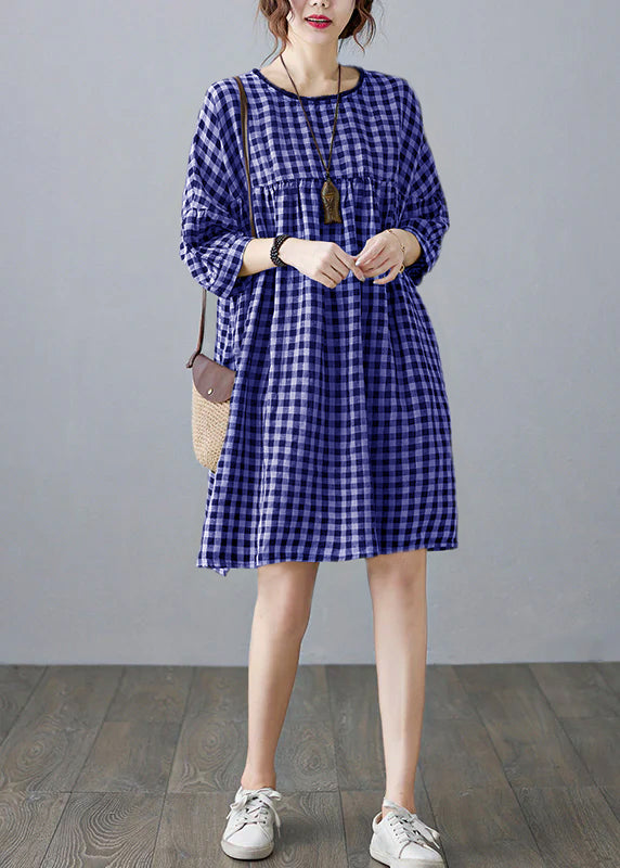O-neck Wrinkled Pocket Green Linen Loose Dresses Half Sleeve