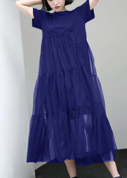 Loose Blue Cotton Tunic Asymmetric Patchwork a Line Summer Dress