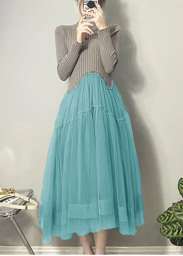 Blue Asymmetrical Tulle Patchwork Long Dresses Fall