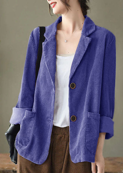 Loose Green Button Pockets Peter Pan Collar Corduroy Coat Long Sleeve