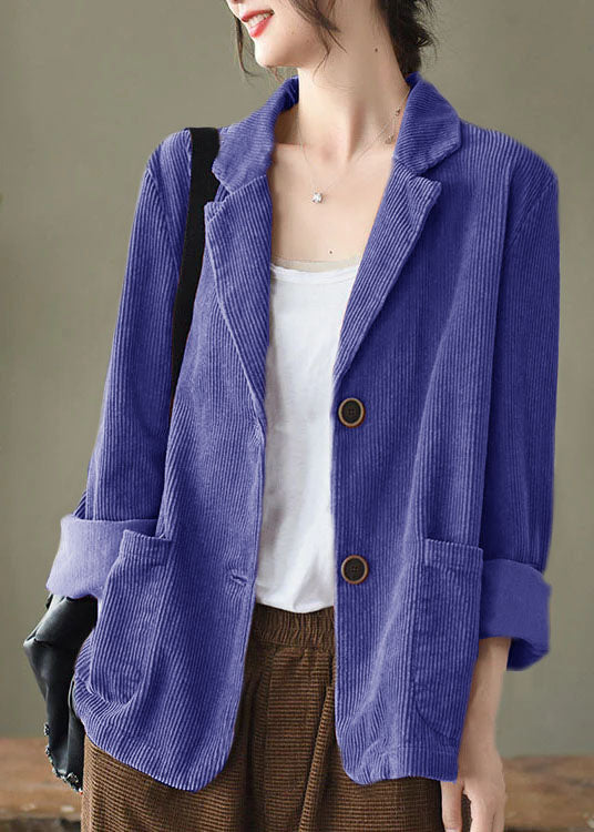 Loose Green Button Pockets Peter Pan Collar Corduroy Coat Long Sleeve
