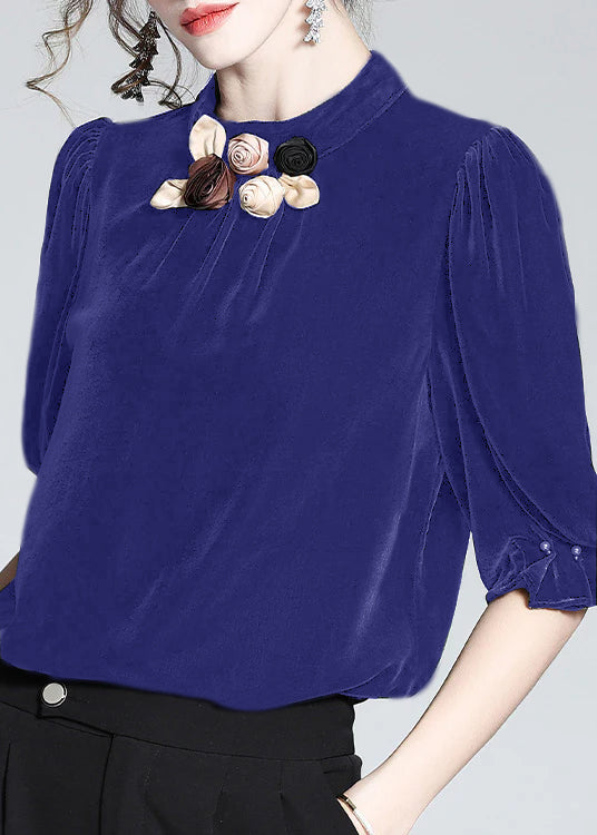 Sky Blue Stand Collar Silk Velour Top Short Sleeve