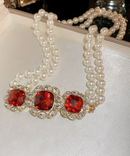 Red Alloy Zircon Bilayer Pearl Gratuated Bead Necklace