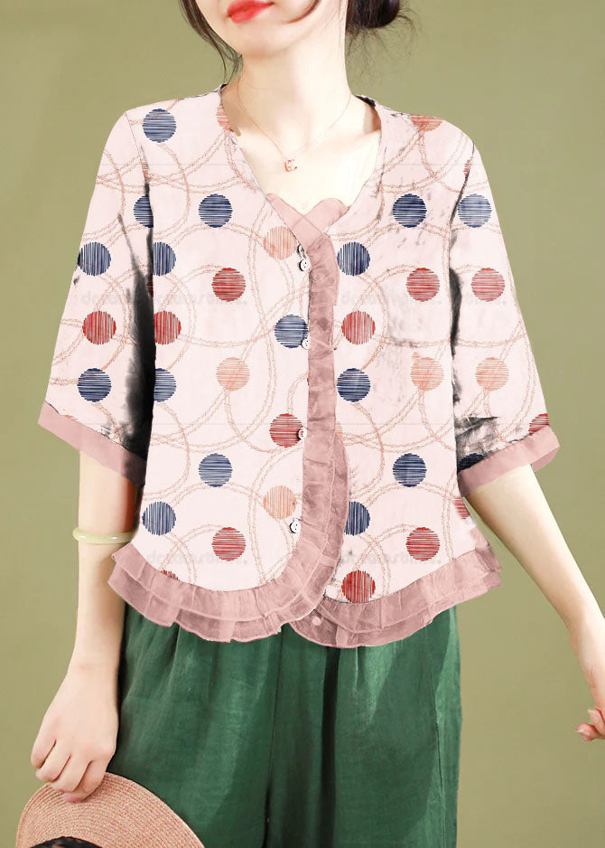 Gray-geometry Ruffled Button Patchwork Linen Blouse Top Summer