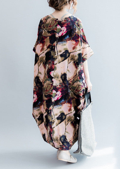 Fine Pink Prints Linen Dresses O Neck Linen Maxi Dress Fine Short Sleeve Linen Caftans