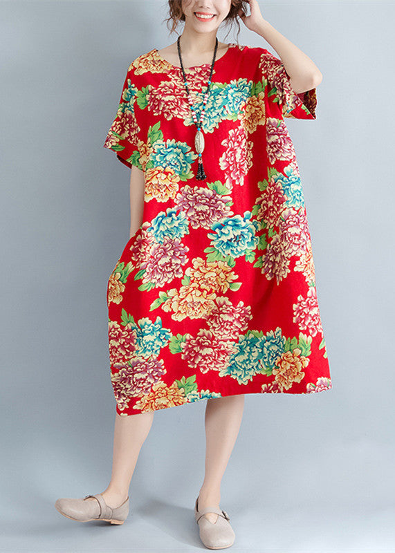 Boutique Red Midi-length Linen Dress Linen Clothing Dresses O Neck Short Sleeve Linen Cotton Dress