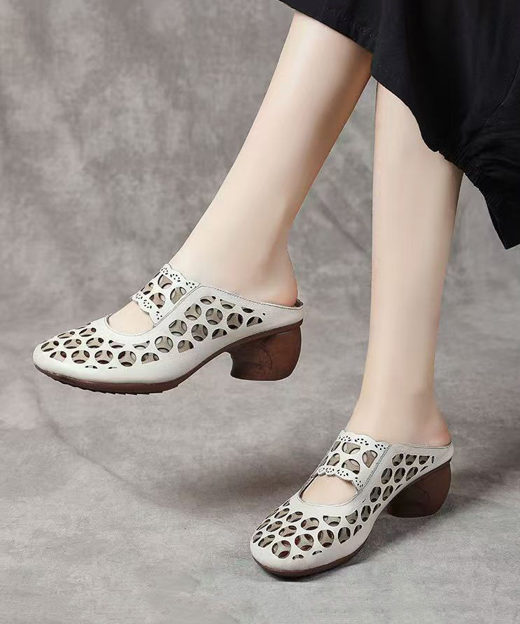Beige Zippered Cowhide Leather High Heels Hollow Out High Heels