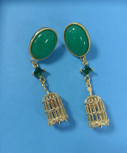 Green Sterling Silver Overgild Hollow Out Birdcage Drop Earrings
