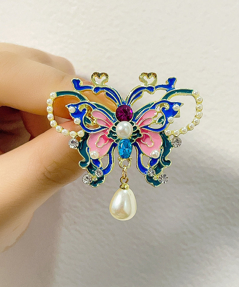 Chinese Style Blue Alloy Zircon Butterfly Pearl Hollow Out Hairpin