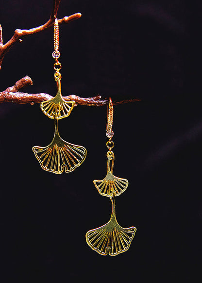 Ginkgo Leaf 14k Gold Zircon Drop Earrings