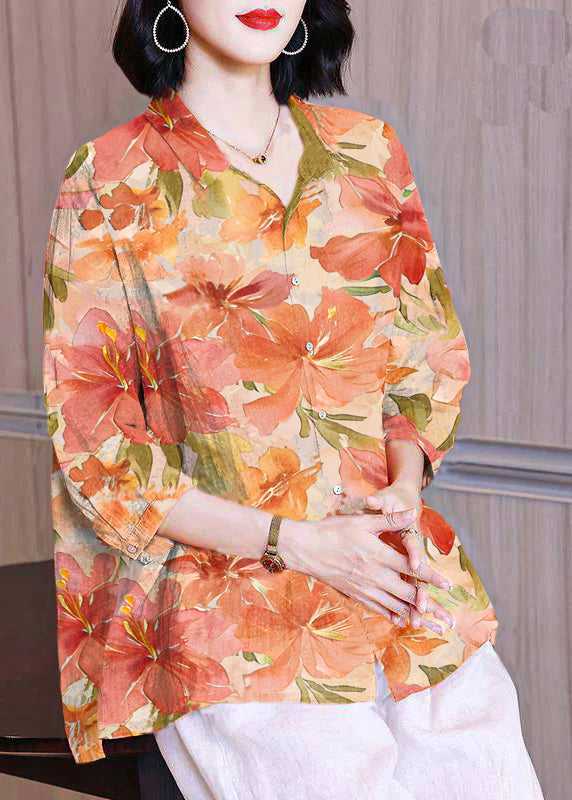 Natural Orange Flower Peter Pan Collar Print Button Side Open Linen Top Half Sleeve