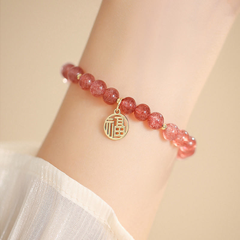 Buddha Stones 14k Gold Plated Strawberry Quartz Fu Character Healing Charm Bracelet