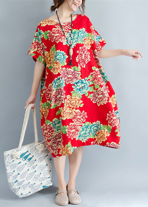 Boutique Red Midi-length Linen Dress Linen Clothing Dresses O Neck Short Sleeve Linen Cotton Dress