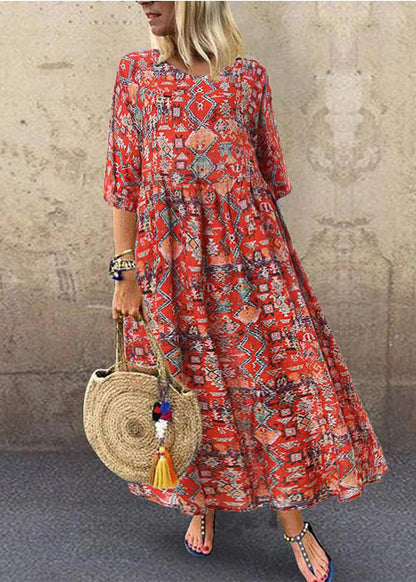 Summer Red Flower Print Short Sleeve Dress