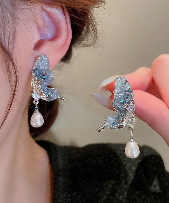 Blue Sterling Silver Zircon Pearl Crystal Butterfly Water Droplet Drop Earrings