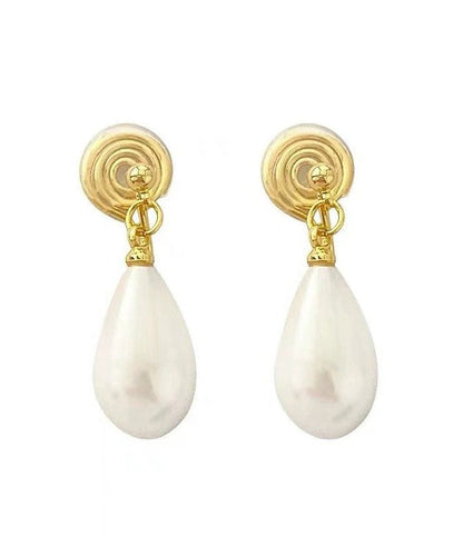 Gold Copper Alloy Pearl Water Drop Stud Earrings