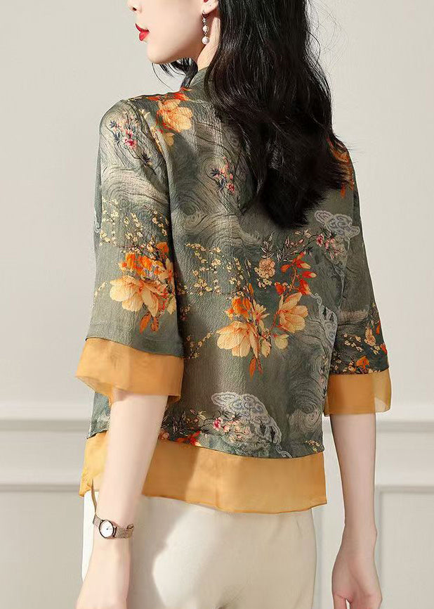 Green Stand Collar Print Silk Tops Bracelet Sleeve