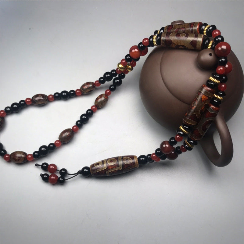 Buddha Stones Nine-eye Dzi Bead Red Agate Wealth Health Necklace
