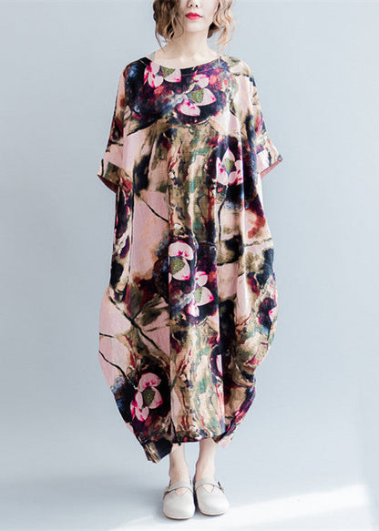 Fine Pink Prints Linen Dresses O Neck Linen Maxi Dress Fine Short Sleeve Linen Caftans