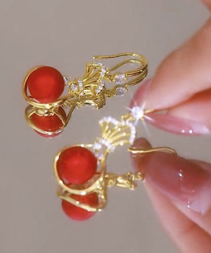 Red Stering Silver Overgild Zircon Pearl Money Bag Drop Earrings