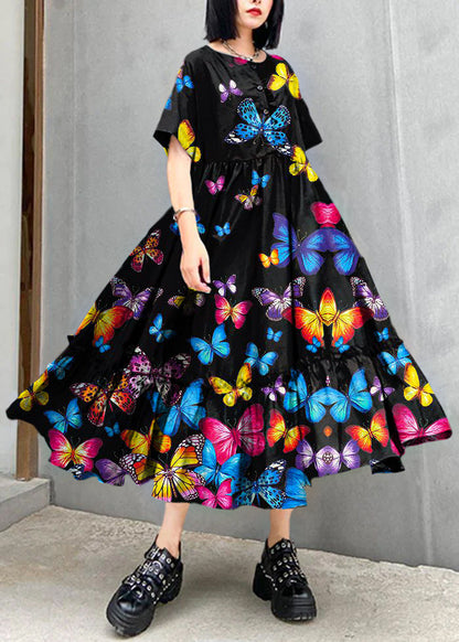 Classy Black Print Cotton Clothes O Neck Cinched Cotton Robes Summer Dresses