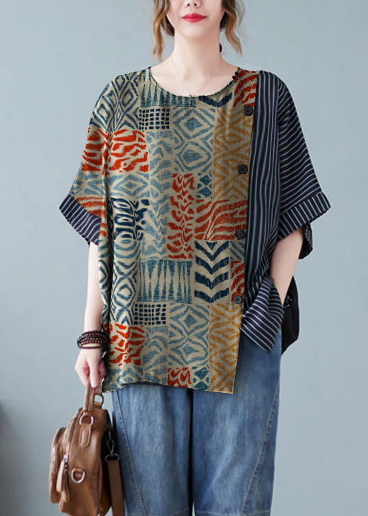 Novelty Black O-neck Striped Patchwork Button Cotton T Shirts Half Sleeve