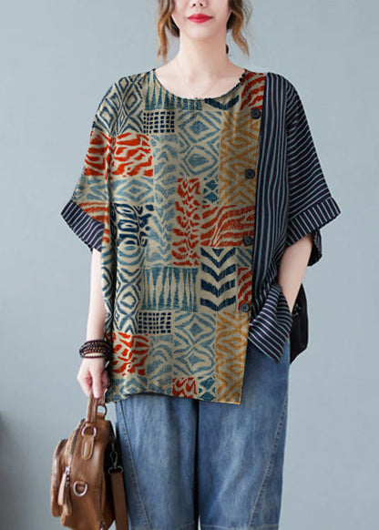 Novelty Cashew Pattern O-neck Striped Patchwork Button Cotton T Shirts Half Sleeve