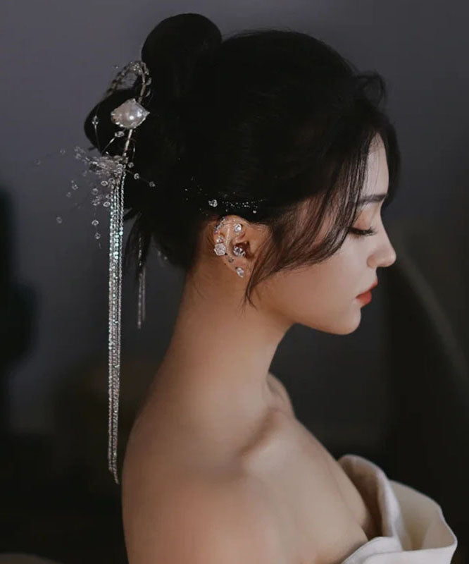 White Alloy Crystal Pearl Tassel Hairpin