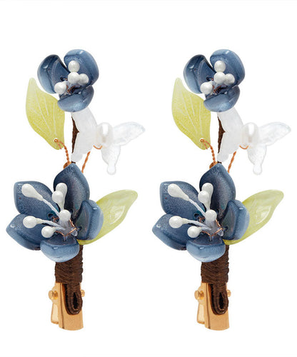 Chinese Style Blue Copper Overgild Pearl Colored Glaze Lotus a Pair Hairpin