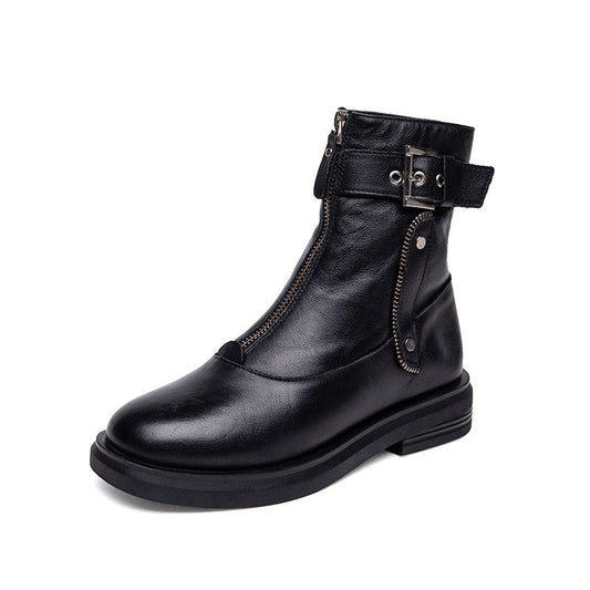 Front Zip Cowhide Martin Belt Buckle Boots