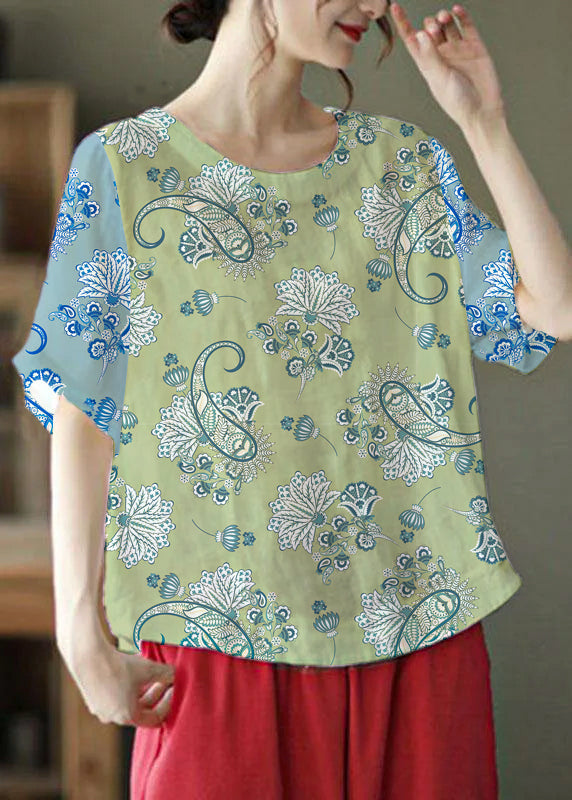 Unique Green Cashew Nuts O-neck Embroidered Summer Ramie Shirt Half Sleeve