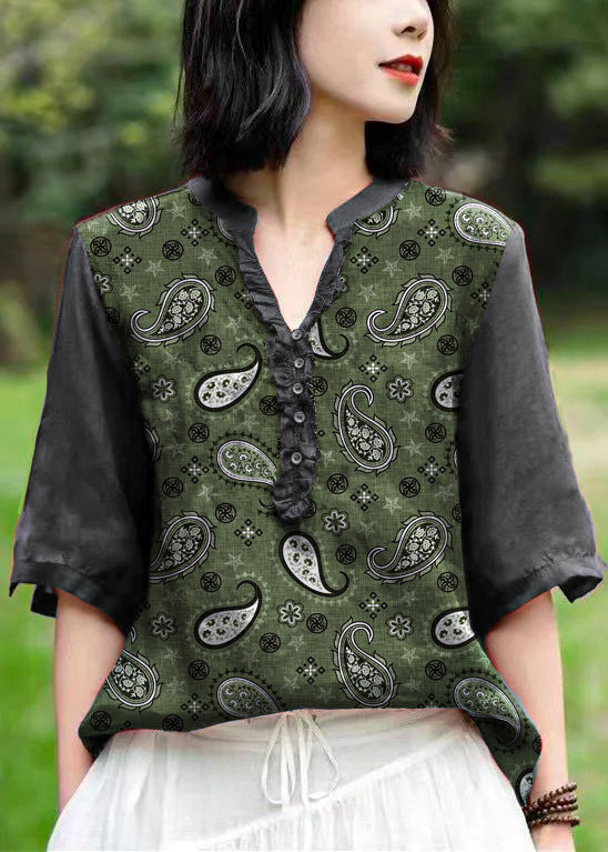 Unique Brown V Neck Embroidered Linen T Shirts Half Sleeve