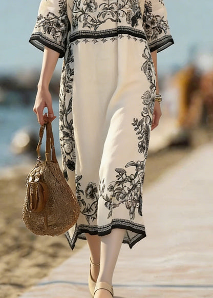 Beige Print Side Open Linen Dress Bracelet Sleeve