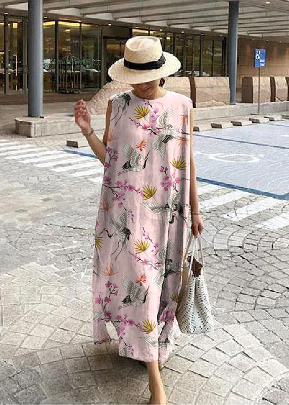 O Neck Side Open Linen Cotton Clothes Fabrics Color Geometry Dress