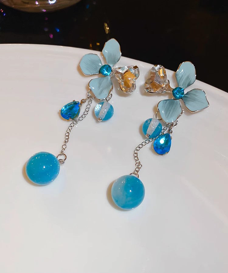 Blue Srerling Silver Alloy Zircon Resin Tassel Drop Earrings