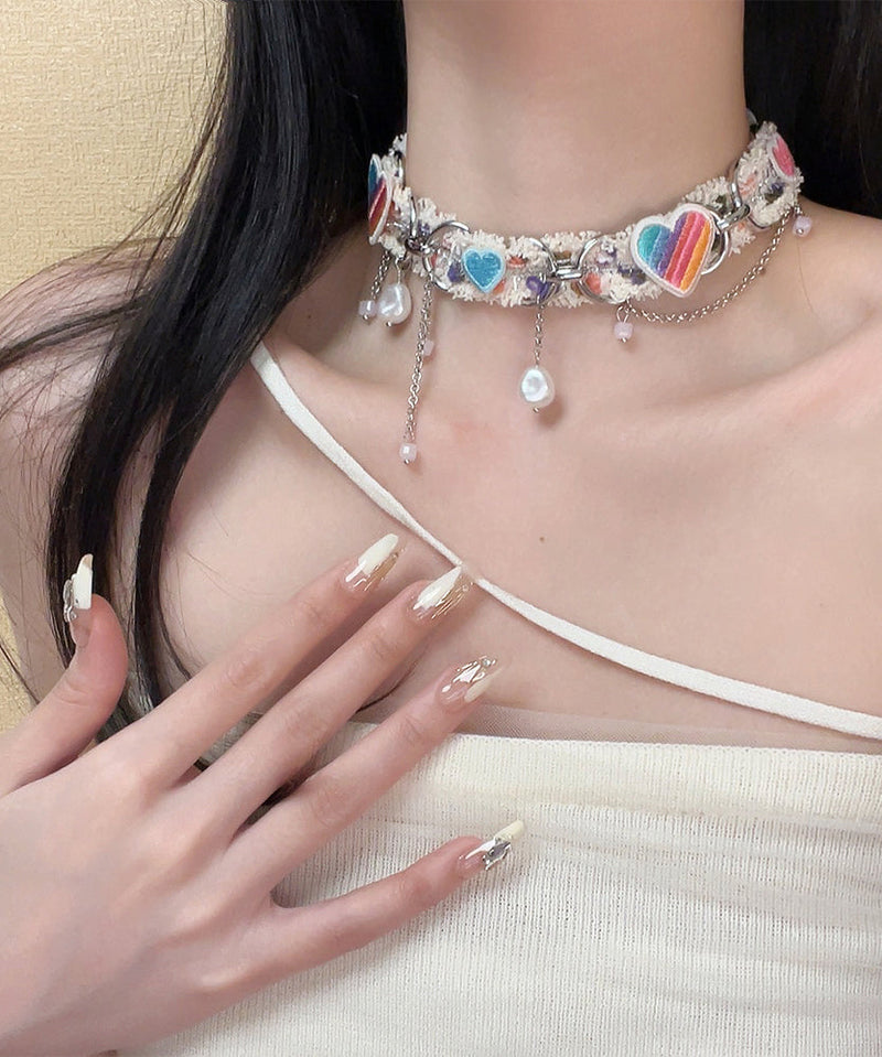 Rainbow Sterling Silver Pearl Love Tassel Choker