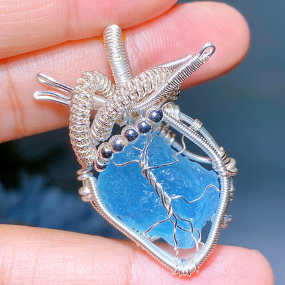1.9 in Teardrop Aquamarine Crystal Pendant Wrapped in Silver Copper