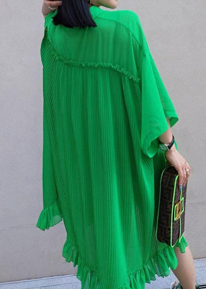 100% Green Dress Lapel Asymmetric Summer Dress