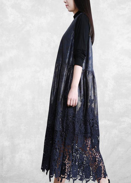 100% Hollow Out Patchwork Dresses Lnspiration Dark Blue Maxi Dress