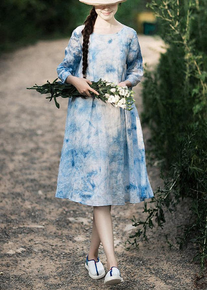 100% O-neck Half Sleeve Summer Blue Print Dress