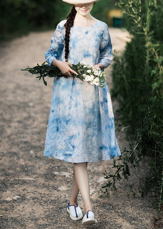100% O-neck Half Sleeve Summer Blue Print Dress