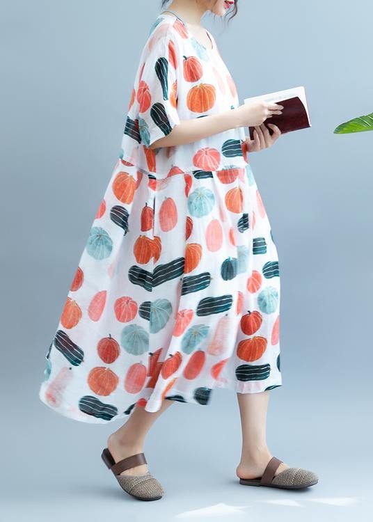 100% Pumpkin Print Robes O Neck Maxi Summer Dress