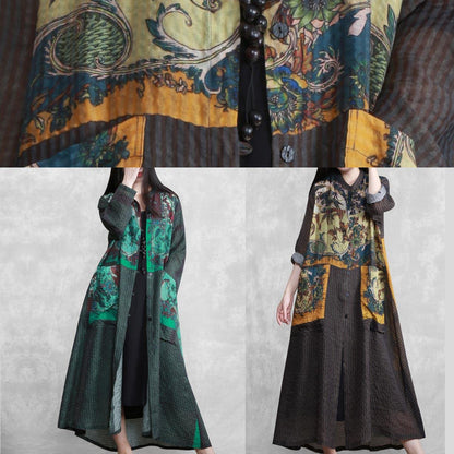 100% Yellow Print Clothes Stand Collar Spring Dress