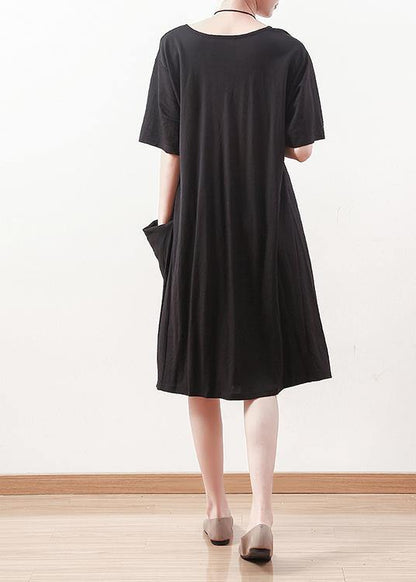 100% Black Cotton Clothes 18th Century Work Outfits O Neck Shift Summer Dress