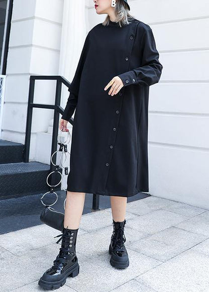 100% Black Cotton Tunic Top Stand Collar Button Cotton Fall Dress