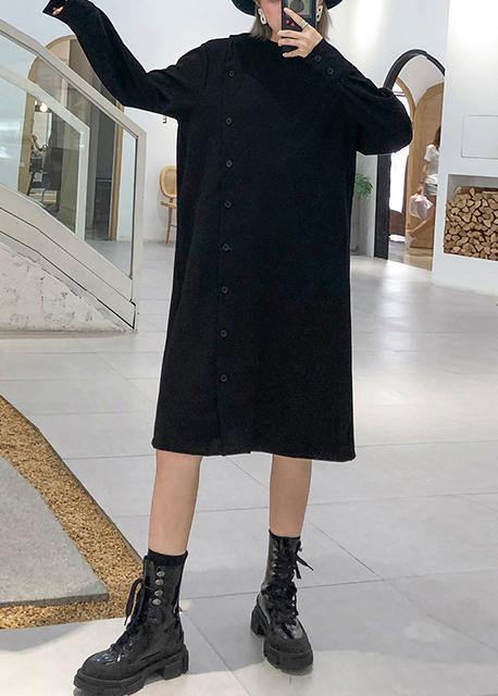 100% Black Cotton Tunic Top Stand Collar Button Cotton Fall Dress